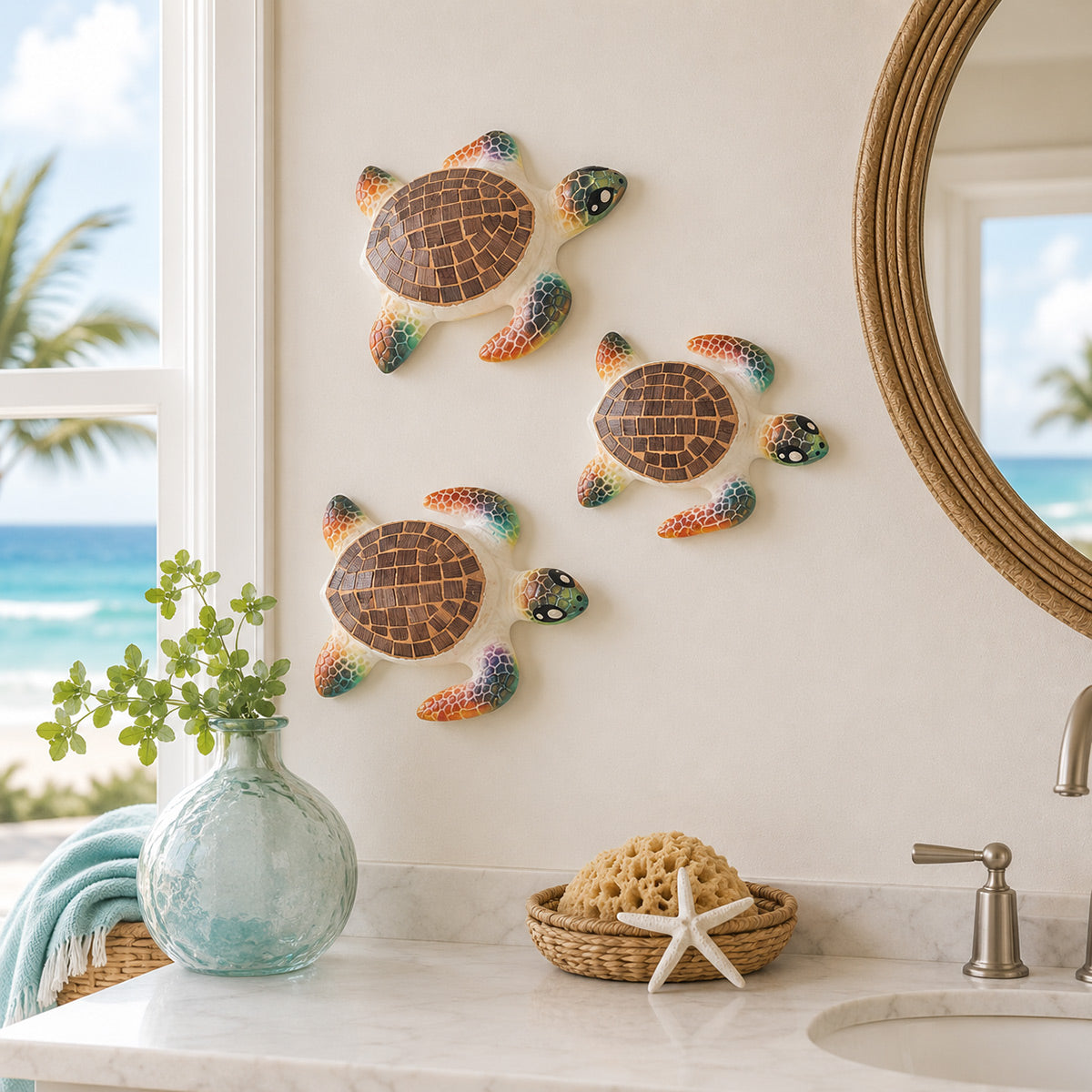 Brown Mosaic Sea Turtle Wall Sculptures - Set of 3