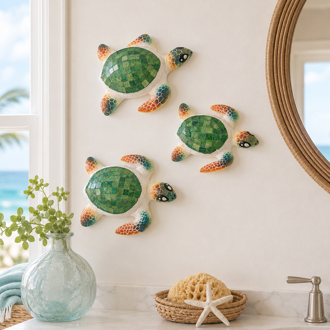 Green Mosaic Sea Turtle Wall Sculptures - Set of 3