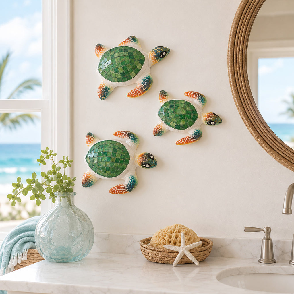 Green Mosaic Sea Turtle Wall Sculptures - Set of 3