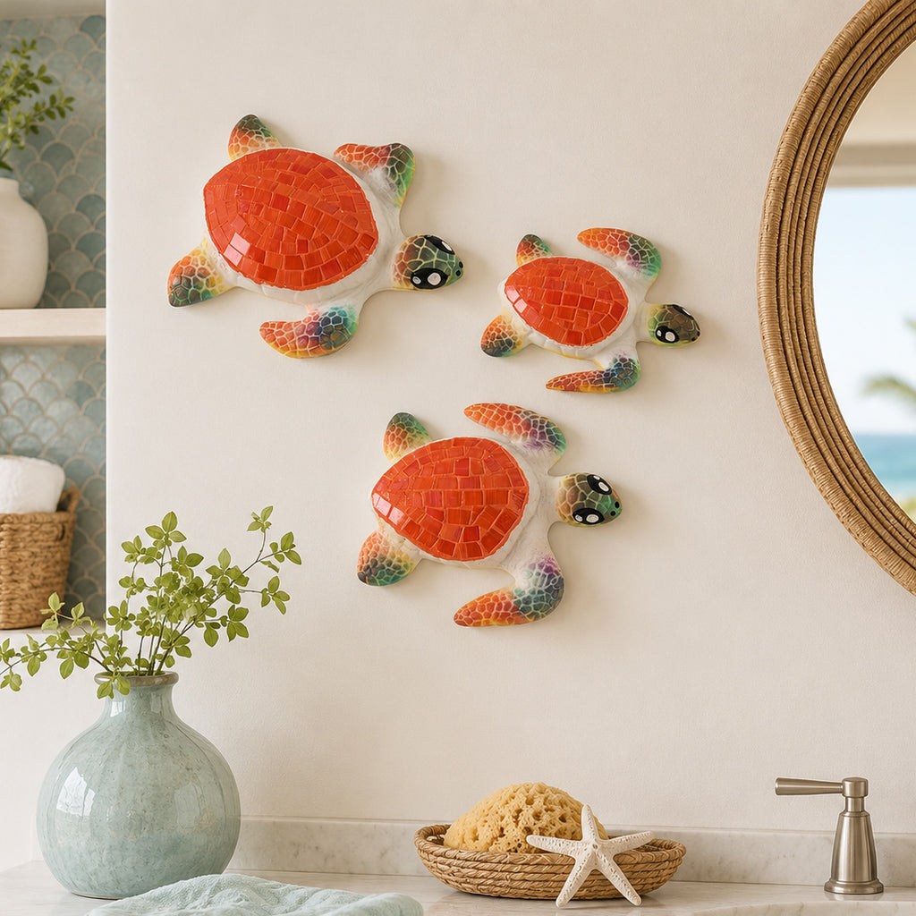 Orange Mosaic Sea Turtle Wall Sculptures - Set of 3