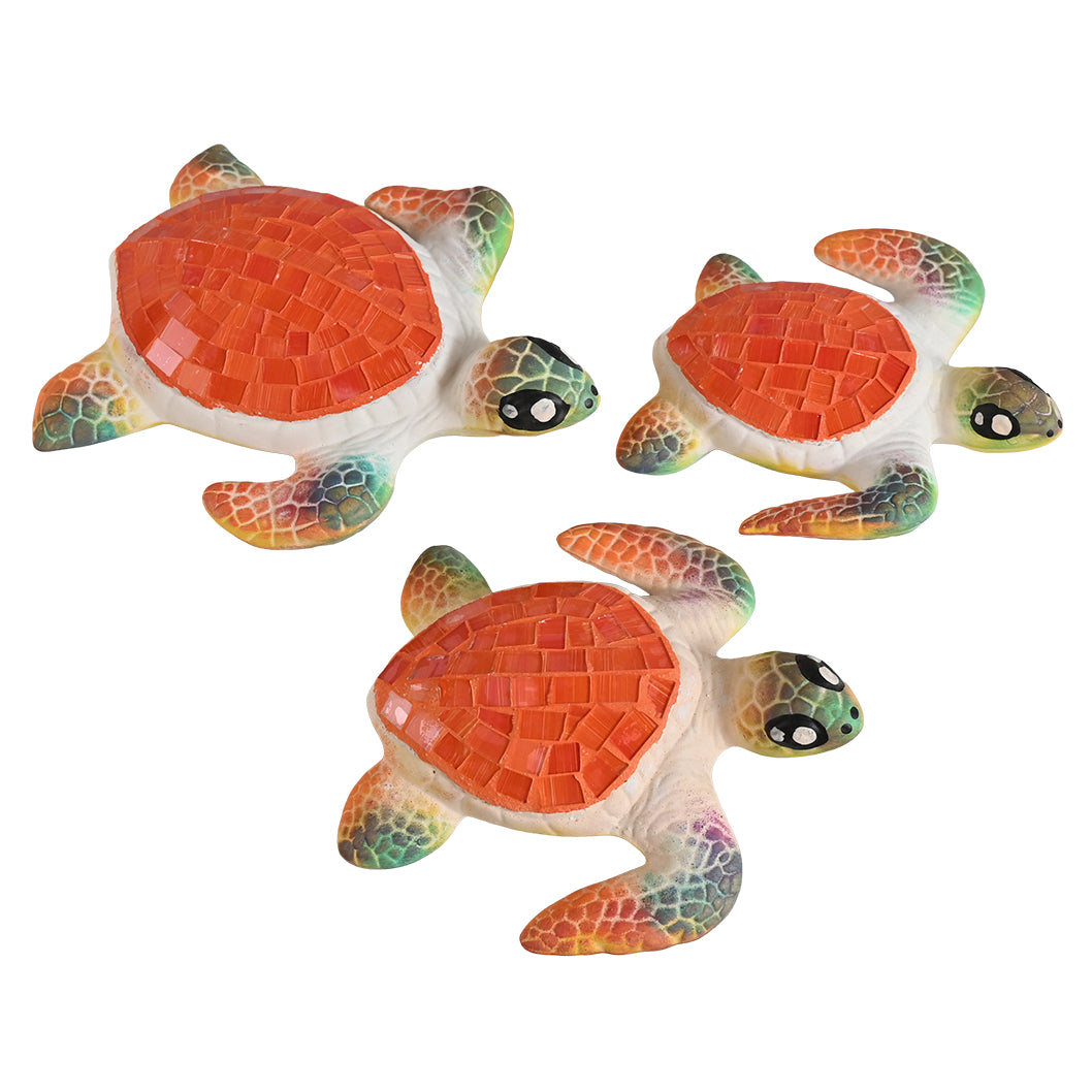 Orange Mosaic Sea Turtle Wall Sculptures - Set of 3