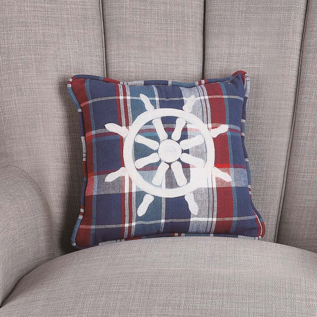 Coastal Ship Wheel Plaid Pillow