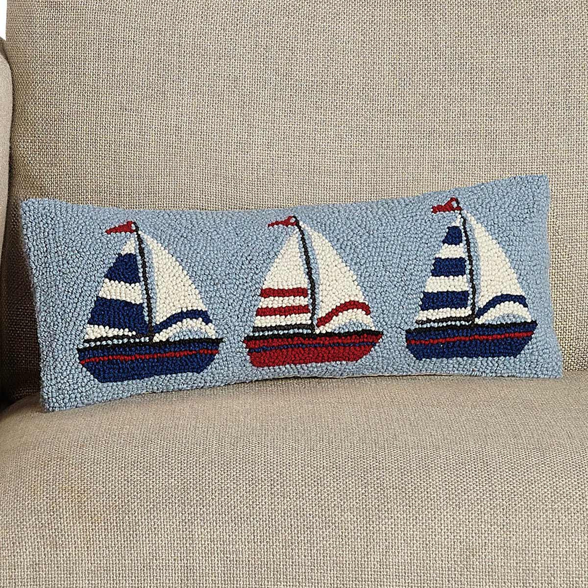 Nautical Trio Sailboat Hooked Pillow - SALE