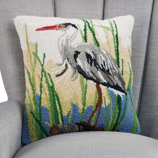 Elegant Blue Heron Hooked Pillow - Left Facing - OUT OF STOCK UNTIL 10/08/2026