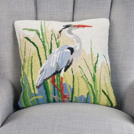 Elegant Blue Heron Hooked Pillow - Right Facing