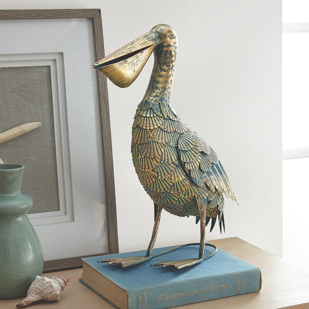 Verdigris Metal Pelican Sculpture