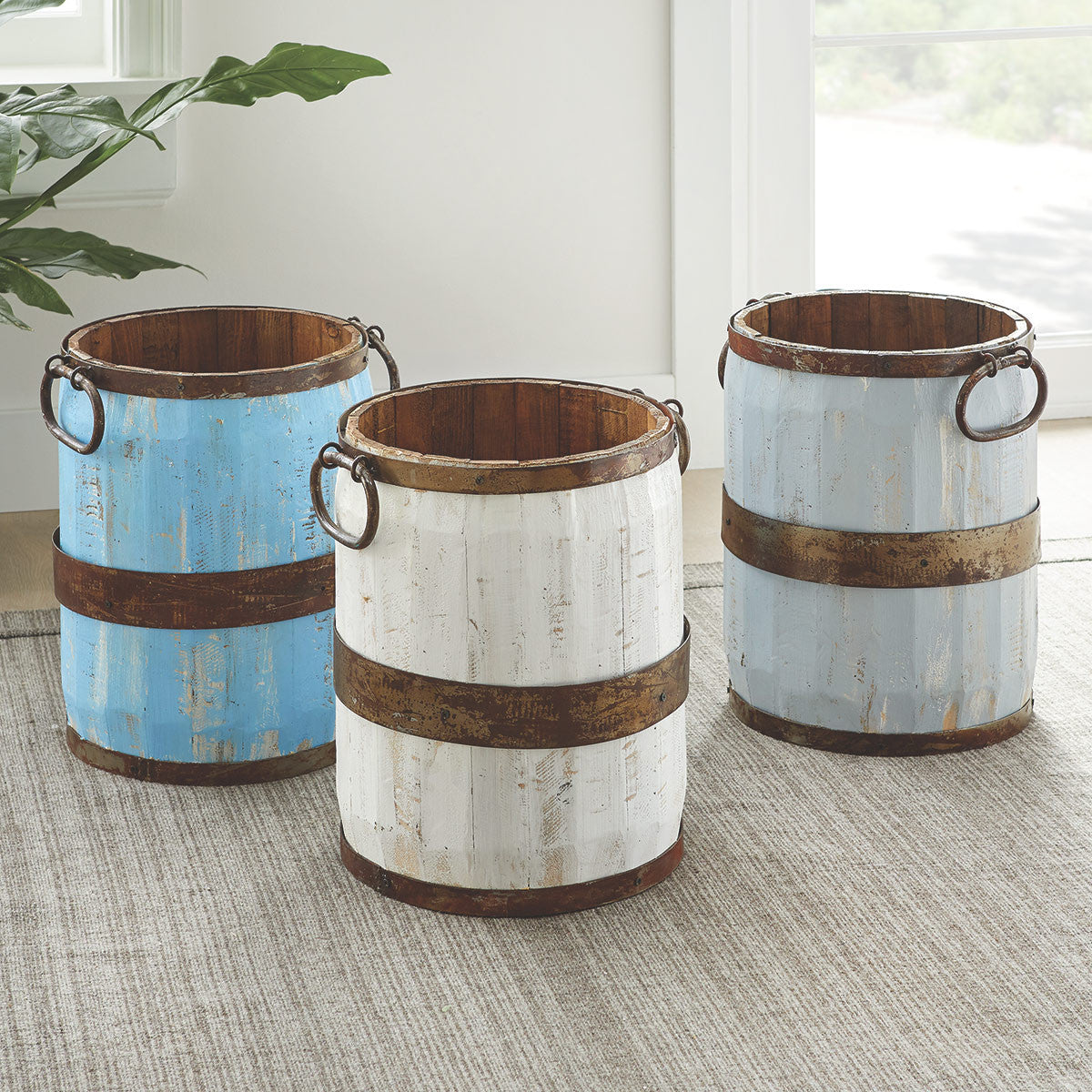 Coastal Blue-Washed Wood Bucket