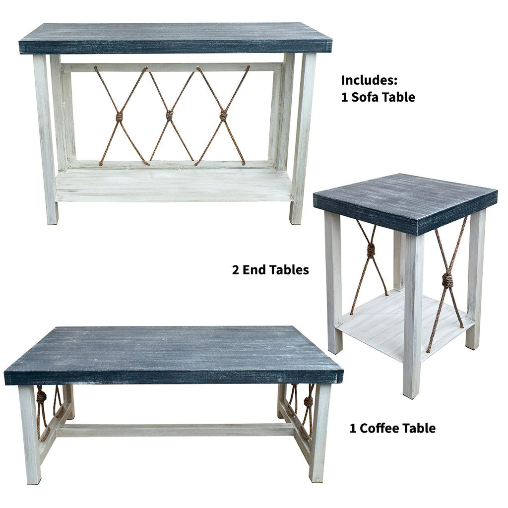 Mariner's Table Set with Square End Tables & Navy Top (4pcs)