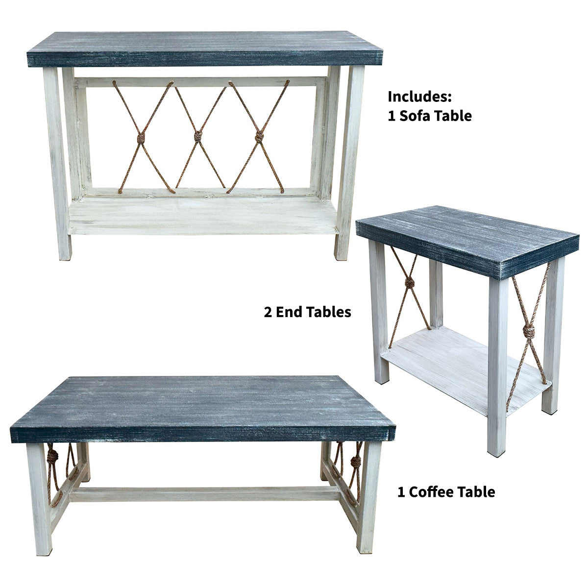 Mariner's Table Set with Rectangular End Tables & Navy Top (4pcs)