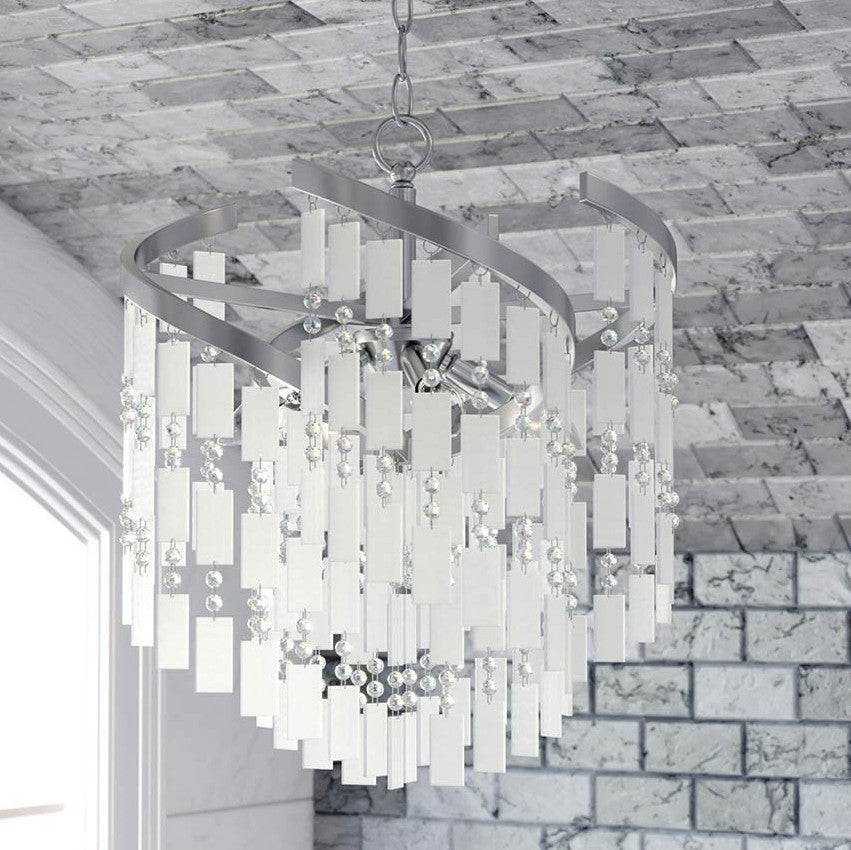 Satin Nickel Pendant Chandelier with Capiz Shells & Crystal