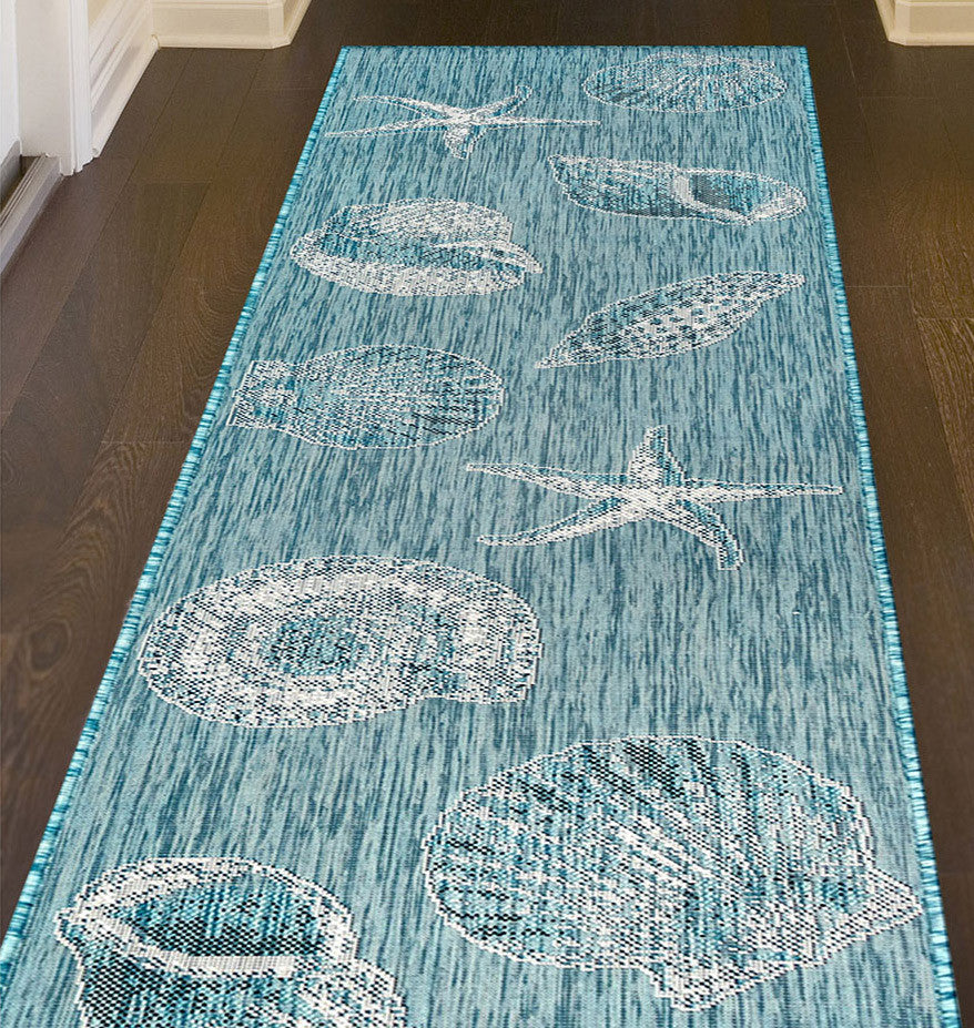 Antigua Shells Aqua Indoor/Outdoor Rug - 2 x 8