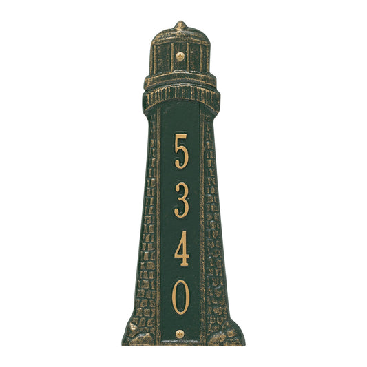 Small Lighthouse Vertical House Number Plaque - Green & Gold