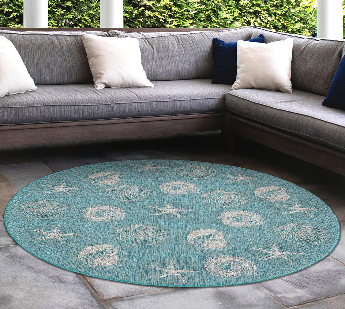 Antigua Shells Aqua Indoor/Outdoor Rug - 8 Ft. Round - OUT OF STOCK UNTIL 11/03/2026