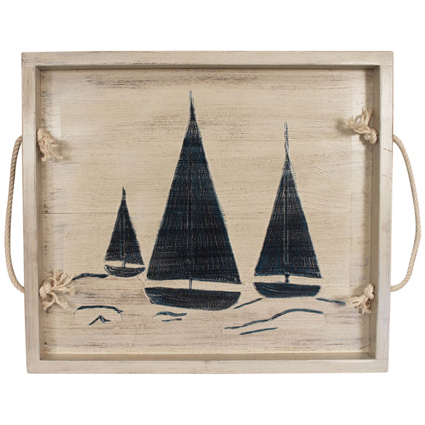 Navy Sailboats Wood Tray with Rope Handles