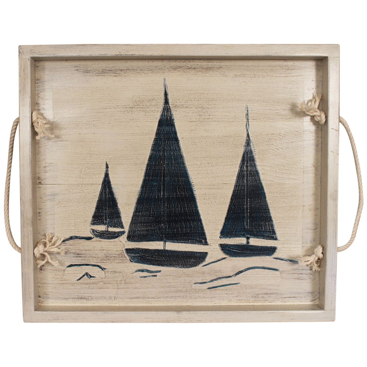 Navy Sailboats Wood Tray with Rope Handles