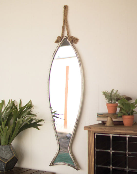 Vertical Fish Mirror with Antique Finish and Rope Hanger