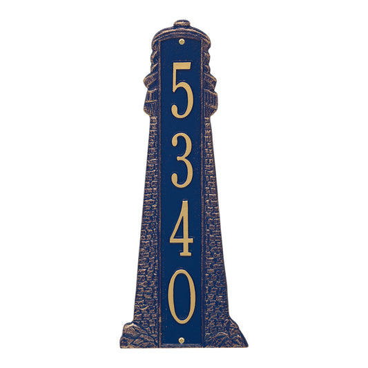 Large Lighthouse Vertical House Number Plaque - Dark Blue & Gold