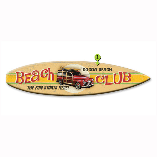Beach Club Woody Surfboard Wood Personalized Sign - 12 x 44