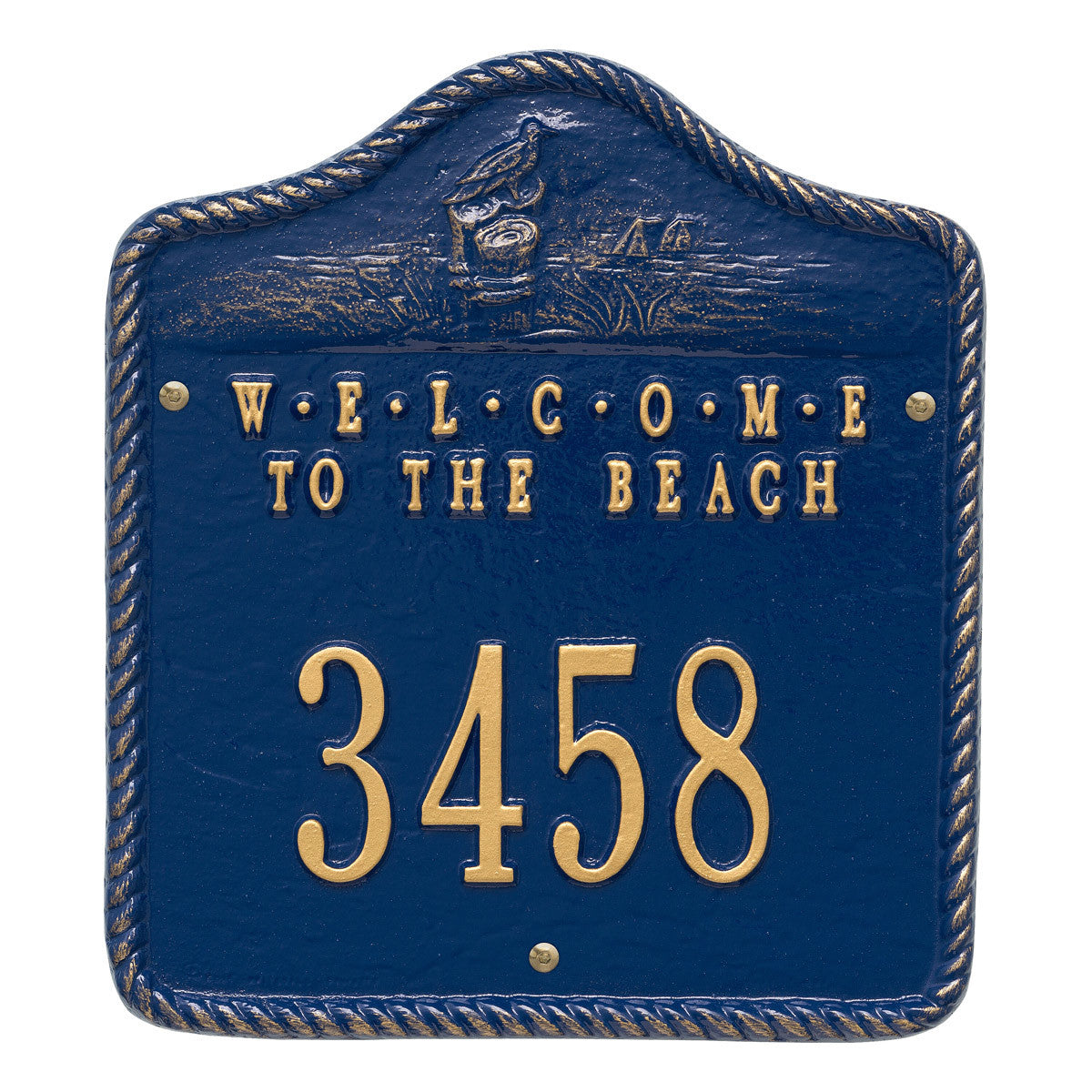 Welcome to the Beach House Number Plaque - Blue and Gold
