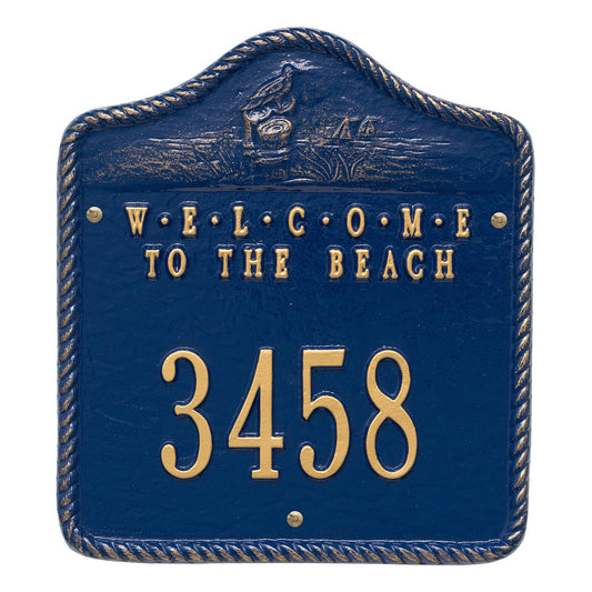 Welcome to the Beach House Number Plaque - Blue and Gold