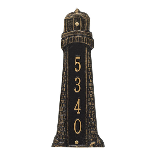 Small Lighthouse Vertical House Number Plaque - Black & Gold