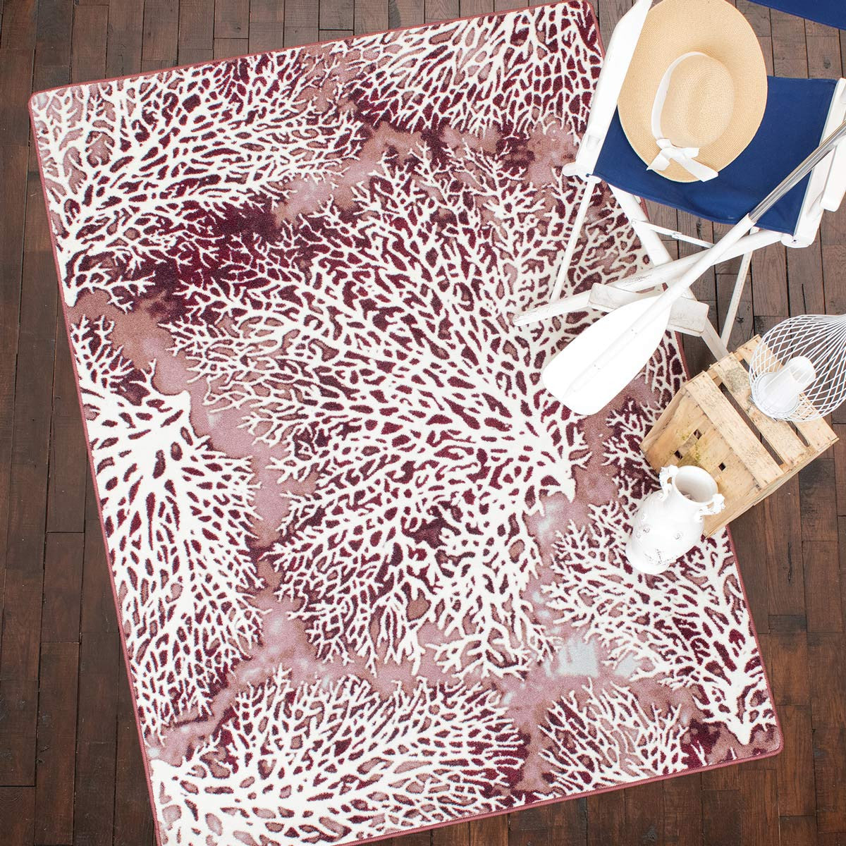 Nautical Area Rugs: 8 Ft. Round Coral Merlot Rug | Bella Coastal Decor