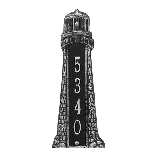 Small Lighthouse Vertical House Number Plaque - Black & Silver