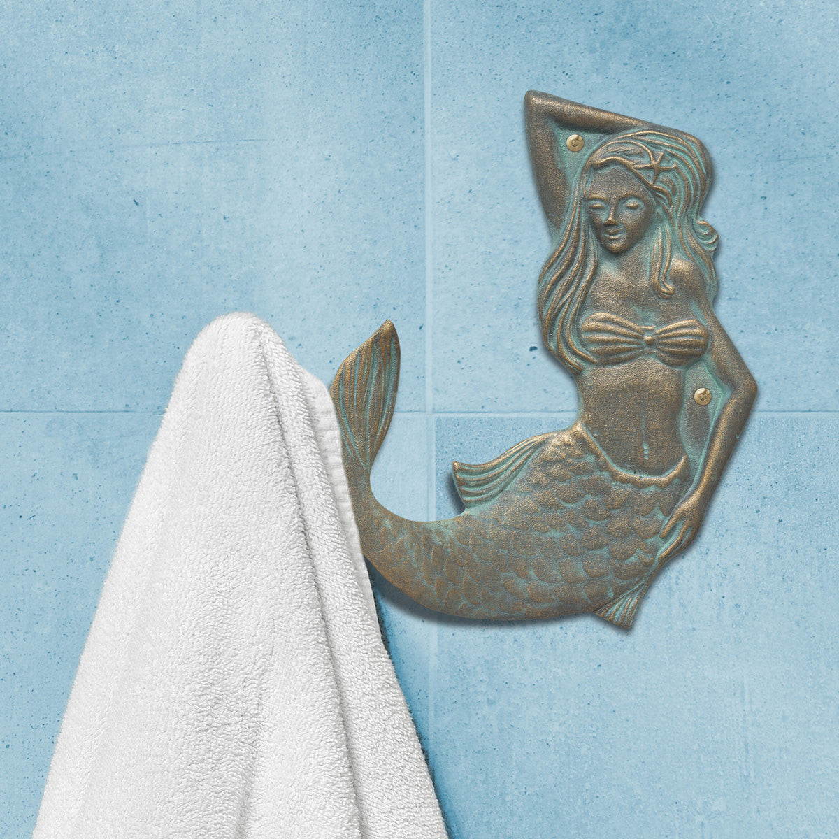 Bronze Verdigris Mermaid Towel Hook - Left Facing