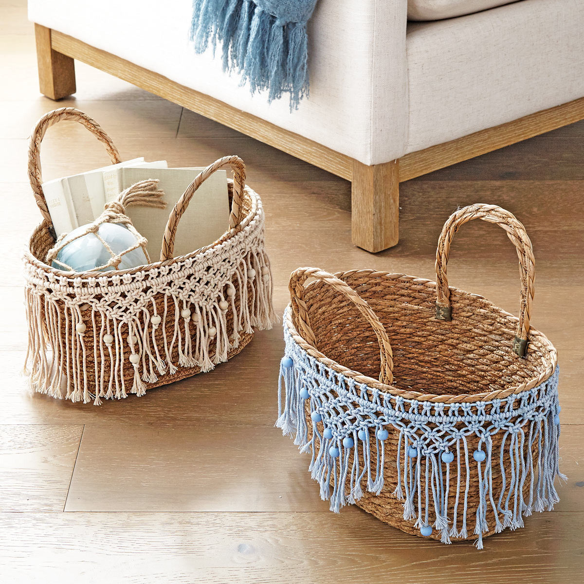 Coastal Seagrass Basket with Blue Macrame