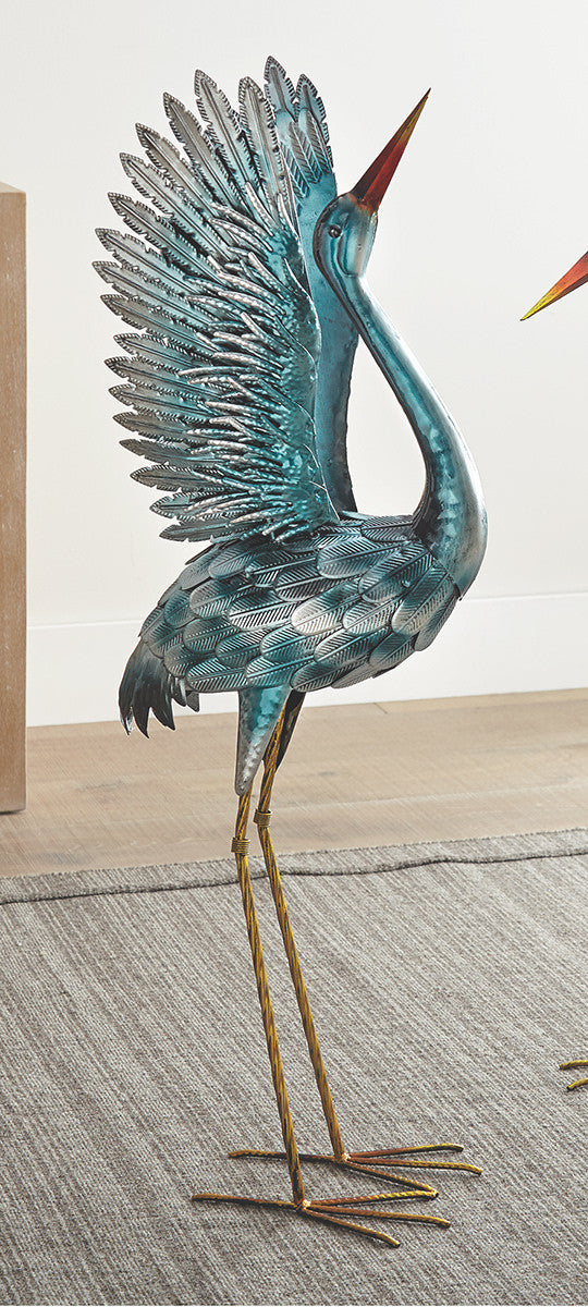 Sea Blue Metal Crane Statue - Looking Up