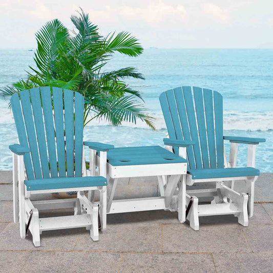 Bayside Adirondack Double Glider with Center Table - Aruba Blue & White - OUT OF STOCK UNTIL 07/08/2026