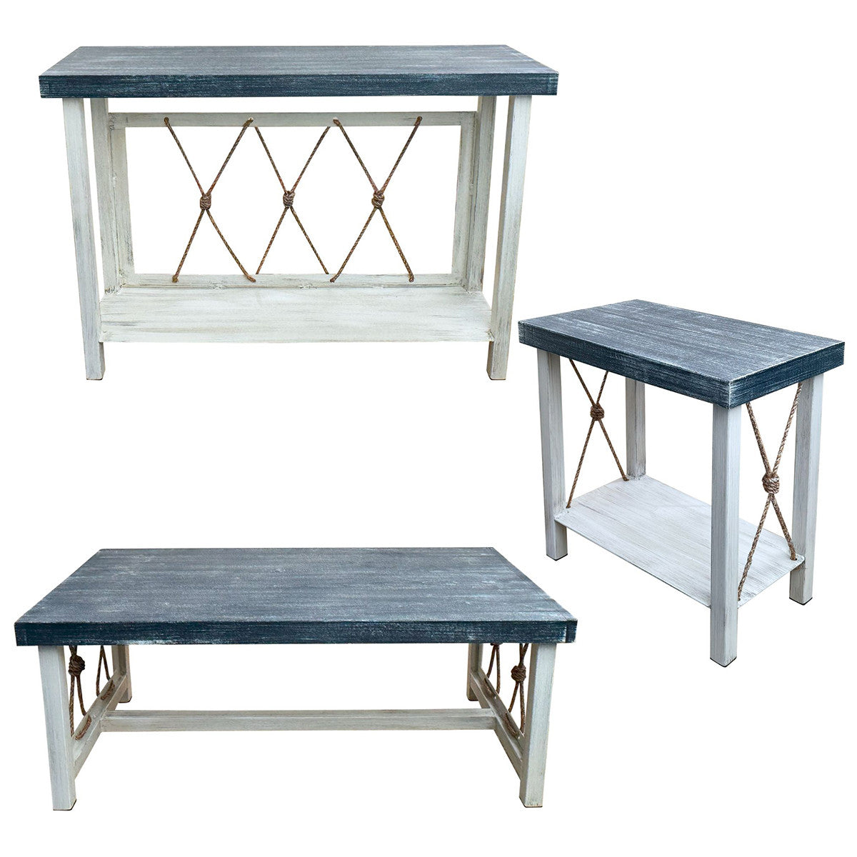 Mariner's Table Set with Rectangular End Tables & Navy Top (4pcs)