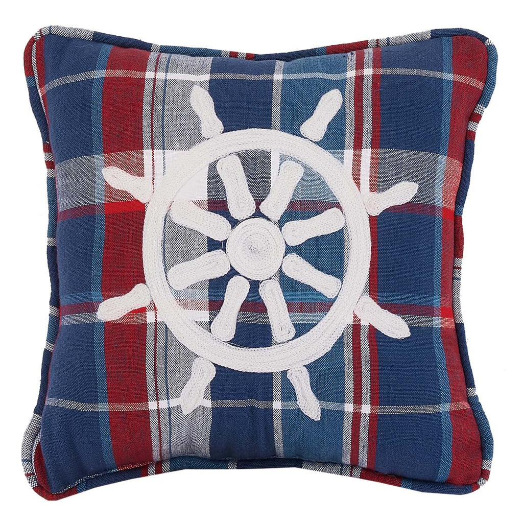 Coastal Ship Wheel Plaid Pillow