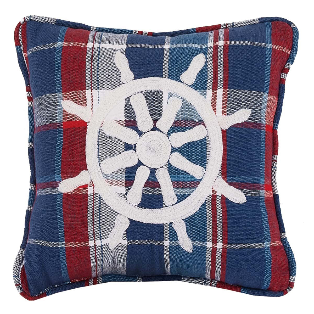 Coastal Ship Wheel Plaid Pillow