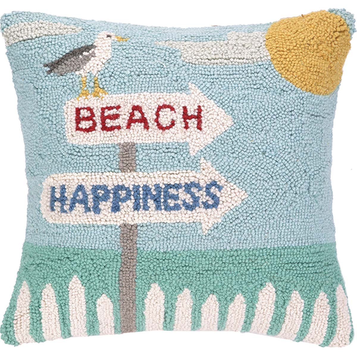 Seagull Beach Happiness Hooked Pillow - OUT OF STOCK UNTIL 08/27/2026