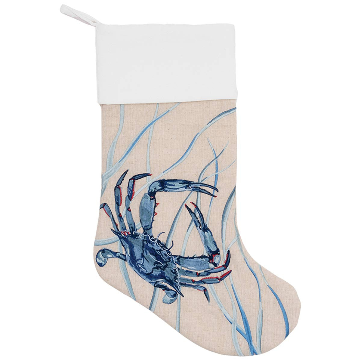 Crab Blues Embroidered Linen Stocking