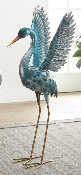 Sea Blue Metal Crane Statue - Looking Down