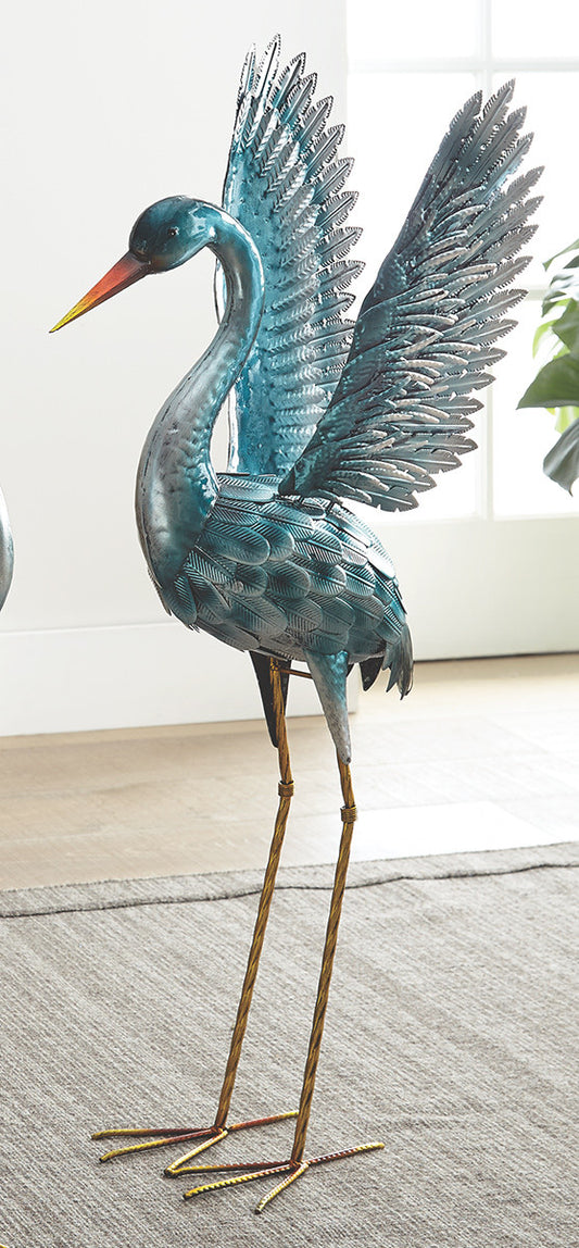 Sea Blue Metal Crane Statue - Looking Down