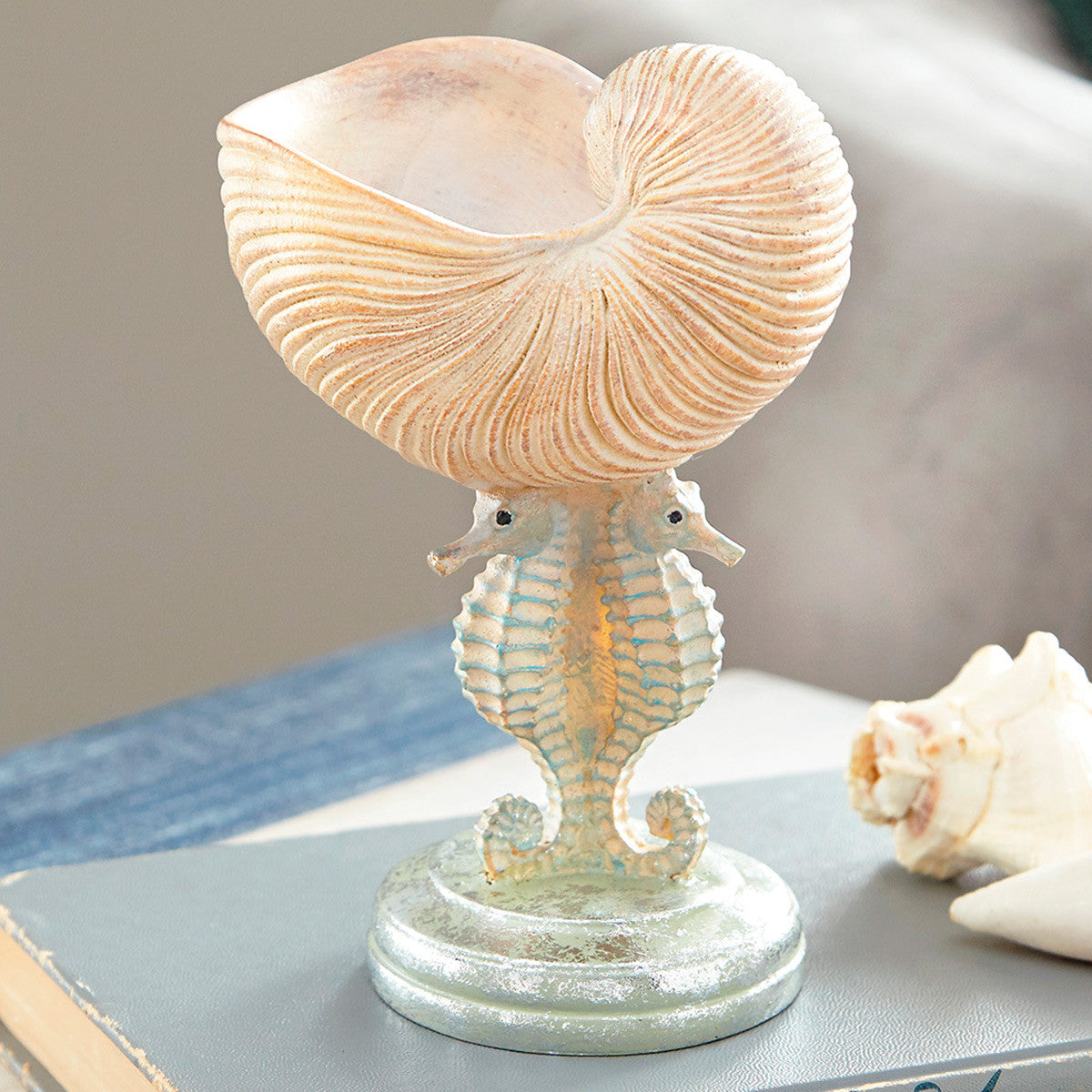 Shell Shape Stand Seahorse Trio Shell Stand Sculpture | Bella Coastal Decor