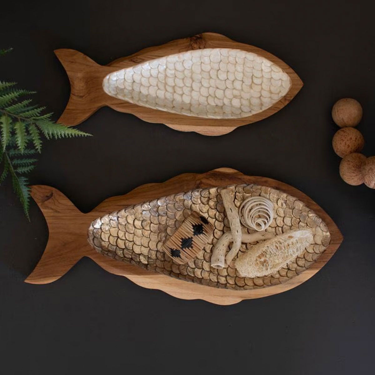 Carved Teak & Capiz Shell Trays - Set of 2 - OUT OF STOCK UNTIL 08/05/2026