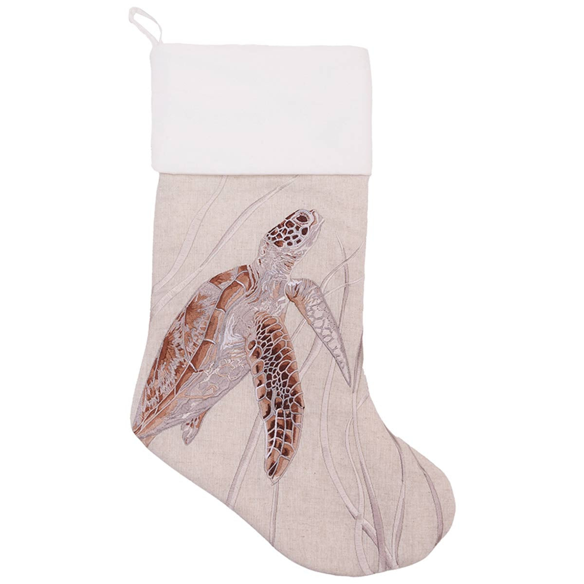 Tortoise Swim Embroidered Linen Stocking