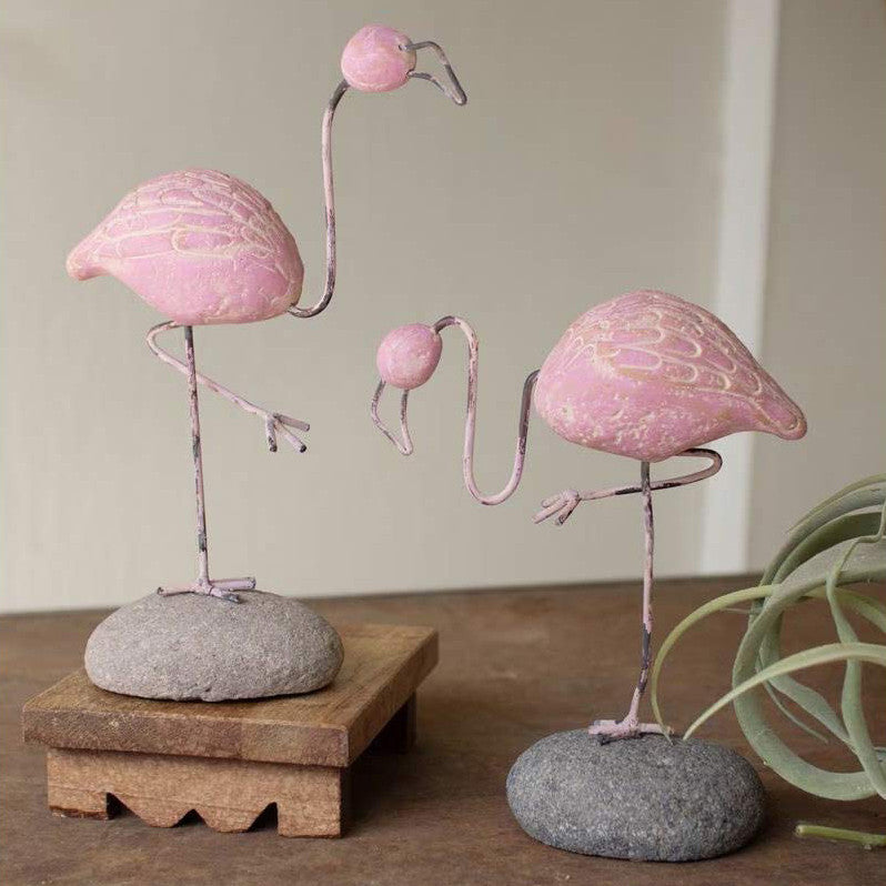 Flamingo Clay & River Rock Sculptures - Set of 2