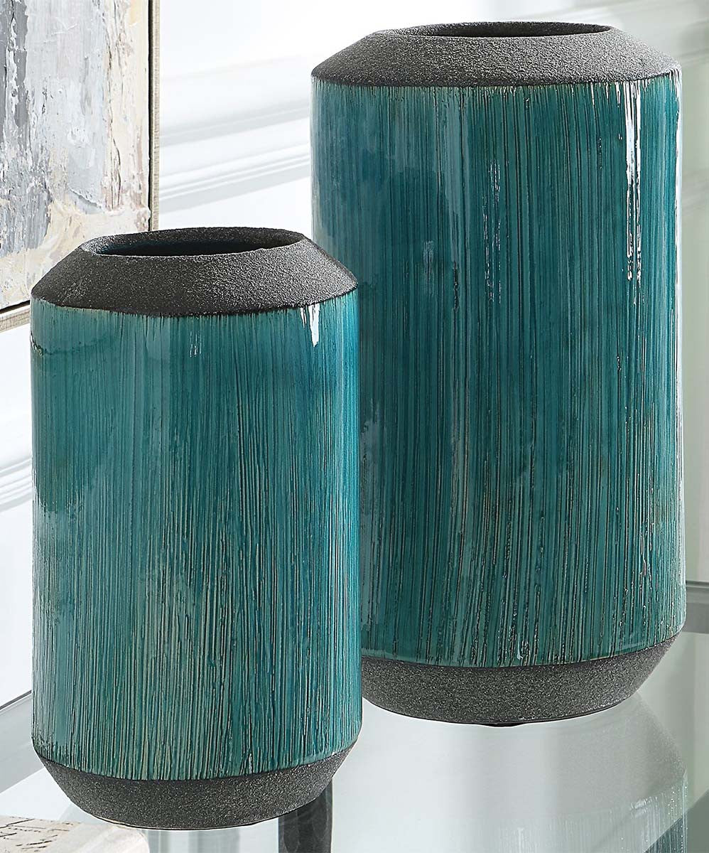 Distressed Aqua Vases - Set of 2