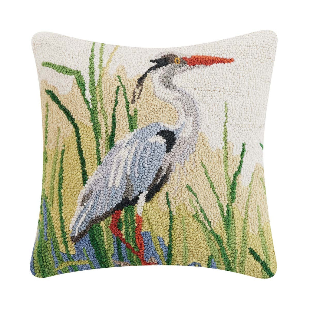 Elegant Blue Heron Hooked Pillow - Right Facing