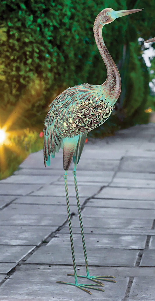 Verdigris Crane Solar Garden Statue - Up