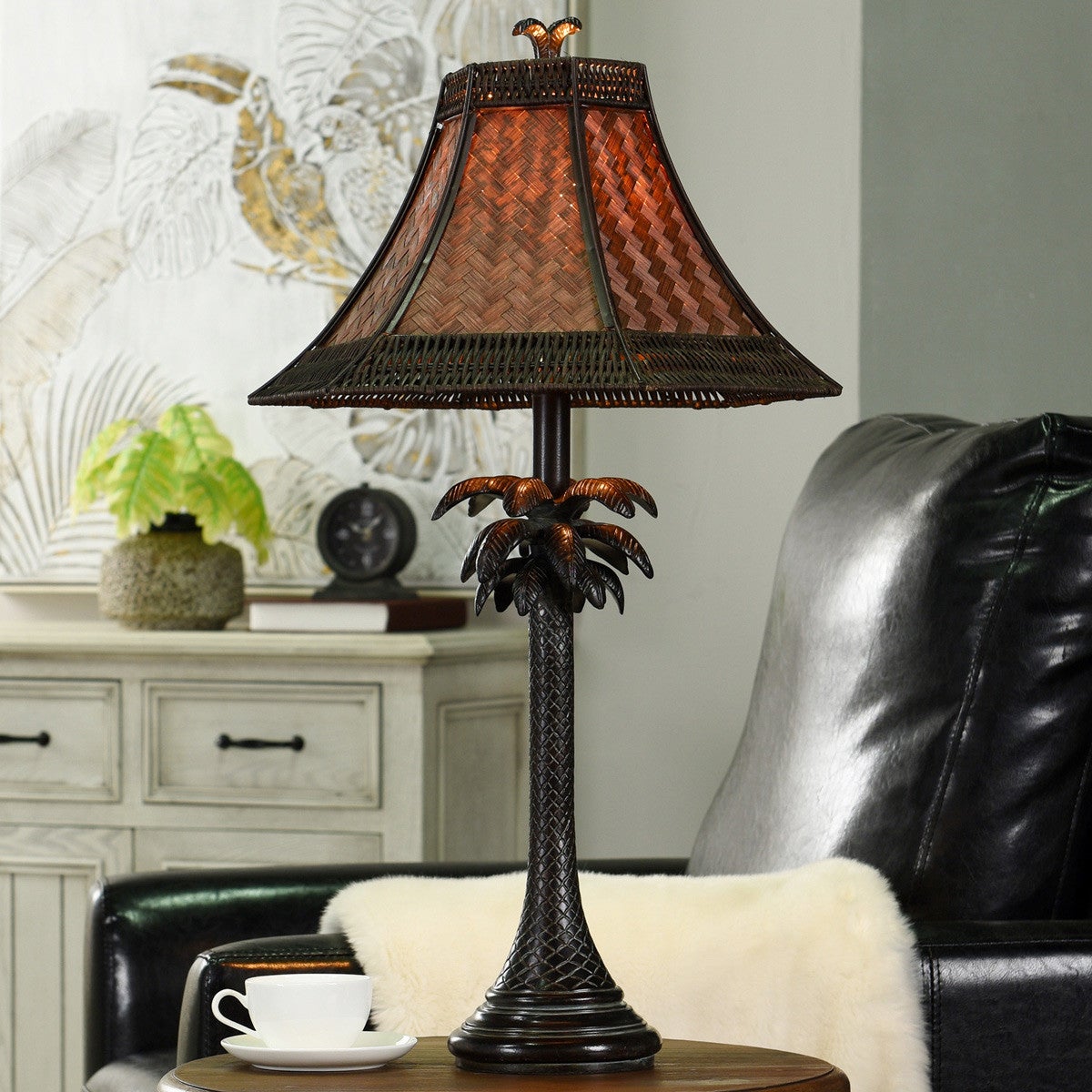 Beach Table Lamps: Palm Tree Table Lamp with Rattan Shade Bella