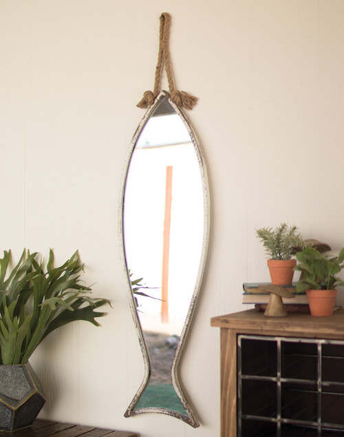 Vertical Fish Mirror with Antique Finish and Rope Hanger