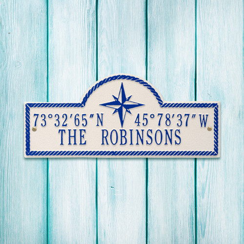 White & Navy Personalized Coordinates Plaque