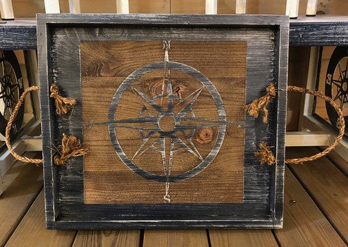 Navy Compass Rose Tray with Rope Handles