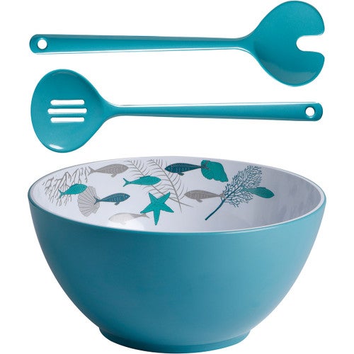 Aqua Reef Salad Bowl & Cutlery - 3 Pc. Set - OUT OF STOCK UNTIL 07/22/2025